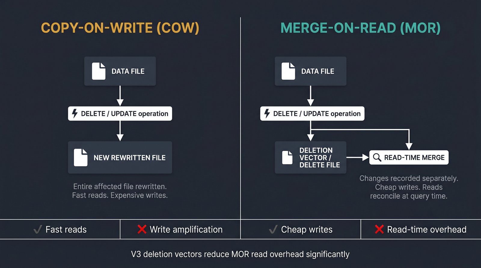 Side-by-side comparison of Copy-on-Write and Merge-on-Read strategies. Copy-on-Write rewrites entire data files on update, yielding fast reads but expensive writes. Merge-on-Read records changes as separate delete files merged at query time, yielding cheap writes but higher read overhead.