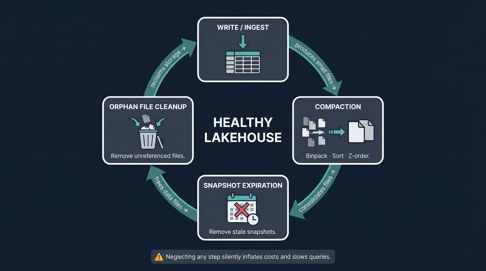 Cycle diagram showing four recurring Iceberg maintenance tasks: Write/Ingest produces small files, Compaction consolidates them, Snapshot Expiration frees associated data files, and Orphan File Cleanup reclaims unreferenced storage — forming a continuous operational loop.