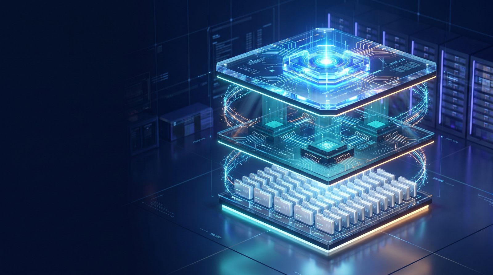 A cinematic 3D isometric illustration of a glowing three-tiered data architecture structure representing a table format, catalog, and compute engine layers, connected by flowing streams of light particles, set against a deep navy data center background with electric blue and cyan lighting.