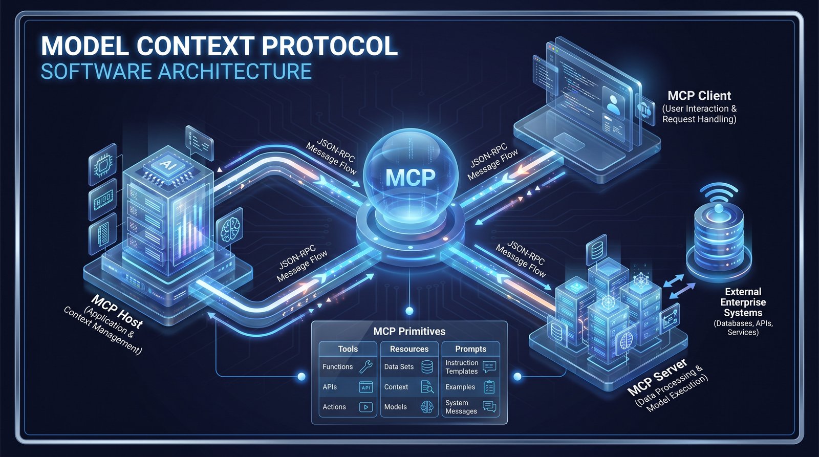 An isometric process diagram showing the software architecture of the Model Context Protocol. It features a futuristic tech mood with a central host and client connecting to a server, which bridges to a database. The 3D design uses corporate blue tones, illustrating the flow of JSON-RPC messages and listing the three core primitives: Tools, Resources, and Prompts.